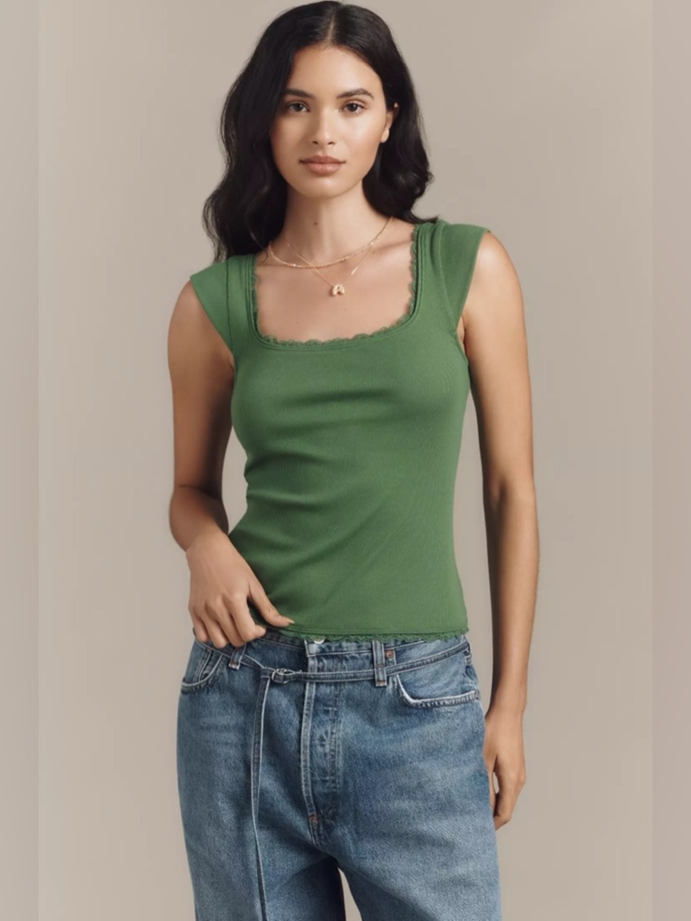NWT Anthropologie Maeve Lace-Trim Cap-Sleeve Shirt Juniper Green Cotton Modal S